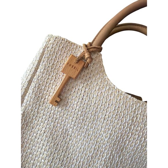 Fossil Woven Straw & Leather Bag Key Accent Dual Top Handles Zipper Beige & Tan - Picture 5 of 7